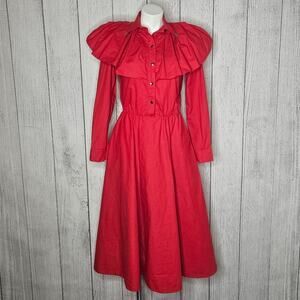 Vintage Lilia Smitty Red Western Shirt Dress Ruffle Yoke Collar, sz Small